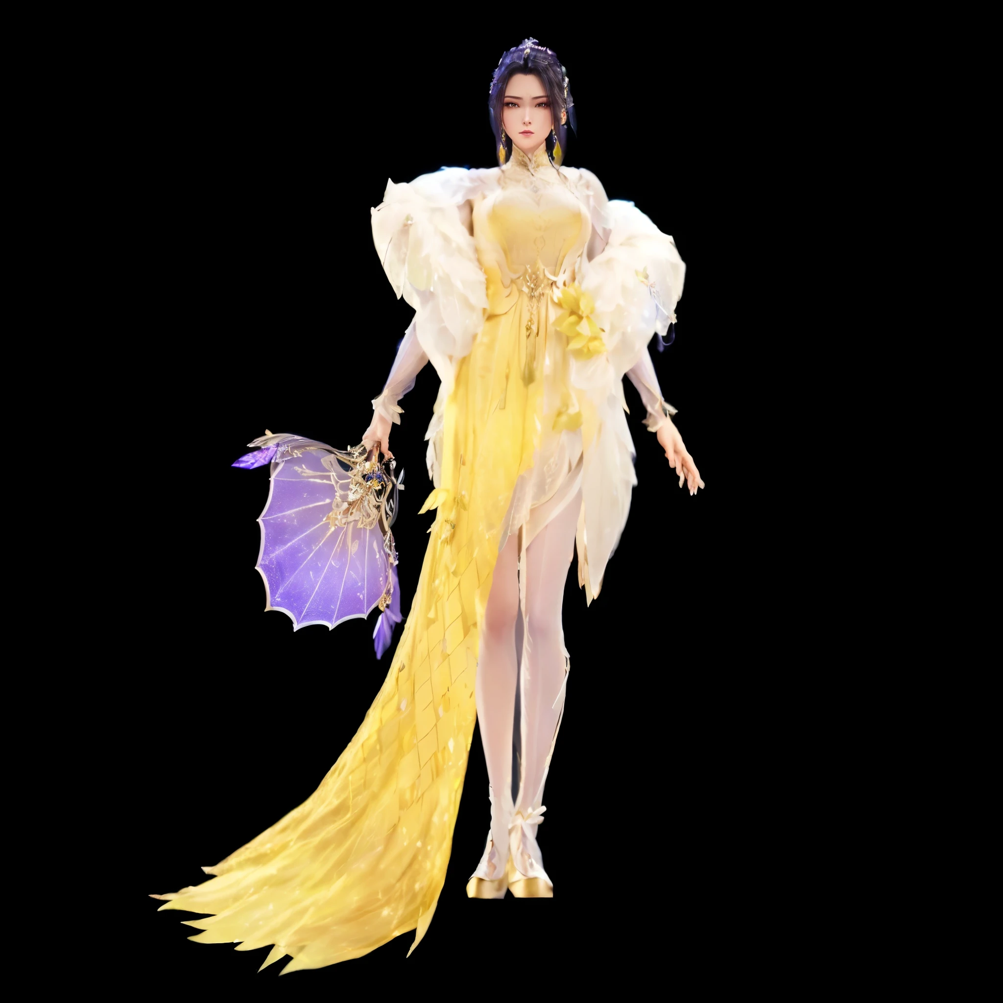 a woman wearing clothes， holding a purple fan in her hand , Full body fairy,  wearing a gold dress as thin as a cicada, Wearing a feather dress ,  wearing a dreamy formal dress , Inspired by Shen Sijing , Inspired by Lan Ying, feathered robe, Faye Valentine, Elegant yellow skin,  A beautiful fantasy queen ,  Final Fantasy 14 style ，noble