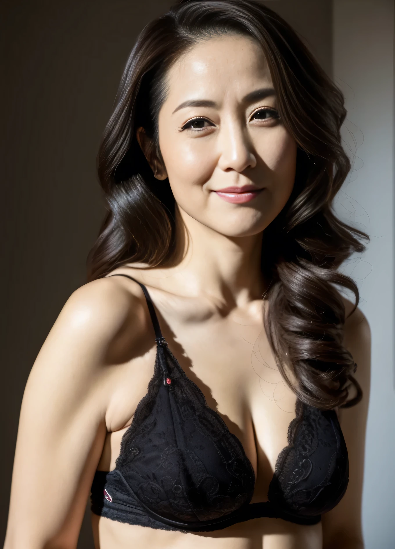 masterpiece,best quality, (one milf), ((portrait:1.5)), ((look down, looking at the viewer)), makeup, elegant black underwear, wavy hair, ((seduction expression, open mouth:0.5)),