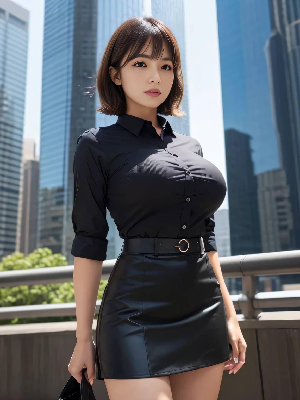 Tight-fitting business shirt, Short sleeves, Tight-fitting skirt, (Shirt tucked into skirt:1.3), Tights, Road in front of the company, Skyscrapers in the background, Daytime, Sunshine,
4K Quality, (High Resolution:1.3), (Realistic photo:1.3), (Raw photo:1.1), (Extremely detailed photo), Absolute masterpiece,
Staring, (Looking at the viewer), Standing,
(Big breasts:1.2), (Lip make-up), Glossy skin, Bangs, Short wavy bob, Ultra pretty girl