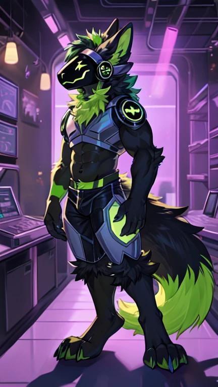 Protogen, (black fur with some green strands of fur) , bedroom, happy, male, 8 foot 0, standing, looking at viewer, muscular, (big ass), back view, naked, pulling down green glowing underwear, green glowing balls, bending over,