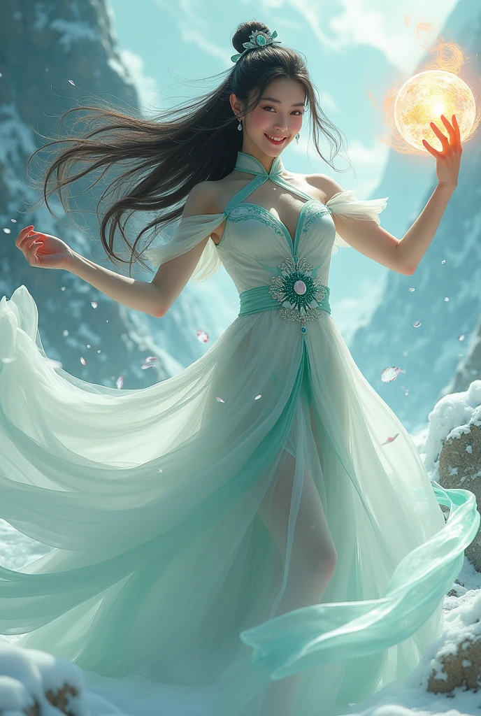 A beautiful woman with long flowing hair wielding an rainbow flaming ball, dancing in a snowy landscape, wearing a flowing transparent white cheongsam dress, adorned with emerald jewels, her confident smiling face surrounded by swirling clouds against a mountainous backdrop, (best quality,4k,8k,highres,masterpiece:1.2),ultra-detailed,(realistic,photorealistic,photo-realistic:1.37),extremely detailed eyes and face,longeyelashes,intricate ice sword,dramatic lighting,moody atmospheric,fantasy,cinematic,digital painting