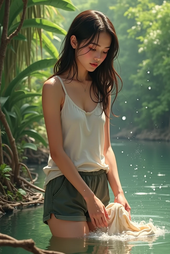 (1 Vietnamese girl), 19 years old, sexy body, well-proportioned,face detailed, small breast, standing  bathing in a big stream in the forest, Full nudity,eyes and body looking straight at the camera, 8K photo. nsfw:1.0