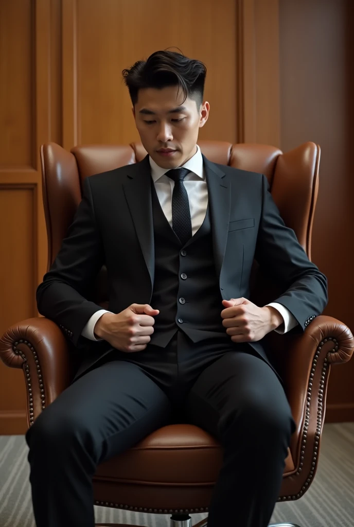 (best quality, highres, detailed:1.2), realistic, detailed face, 20-year-old handsome Japanese man in a black suit, strikingly clear, smiling, looking into the camera, shining eyes, perfect physique glistening with sweat, gel-covered, large penis ejaculating, artistic portrayal, vivid colors, professional photography, dark and moody lighting