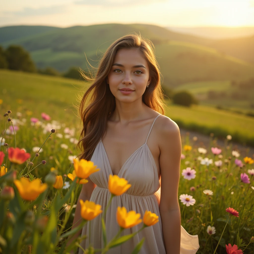 A pastoral idyll, a serene countryside scene, 1girl, beautiful detailed eyes, beautiful detailed lips, extremely detailed face and features, long eyelashes, young woman in a flower field, flowing dress, soft lighting, warm color palette, golden hour, impressionist style, lush greenery, wildflowers, rolling hills, dreamy atmosphere, high quality, intricate details, photorealistic, 8k, cinematic lighting