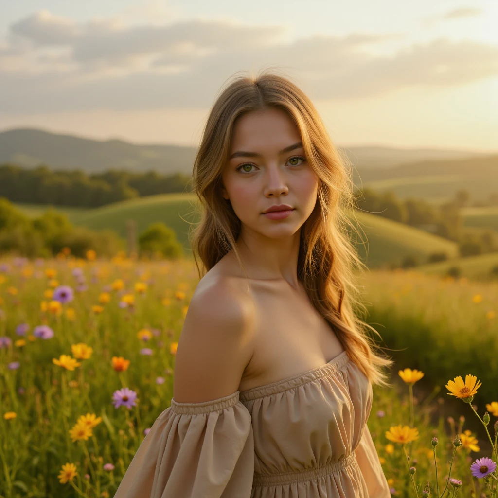 A pastoral idyll, a serene countryside scene, 1girl, beautiful detailed eyes, beautiful detailed lips, extremely detailed face and features, long eyelashes, young woman in a flower field, flowing dress, soft lighting, warm color palette, golden hour, impressionist style, lush greenery, wildflowers, rolling hills, dreamy atmosphere, high quality, intricate details, photorealistic, 8k, cinematic lighting