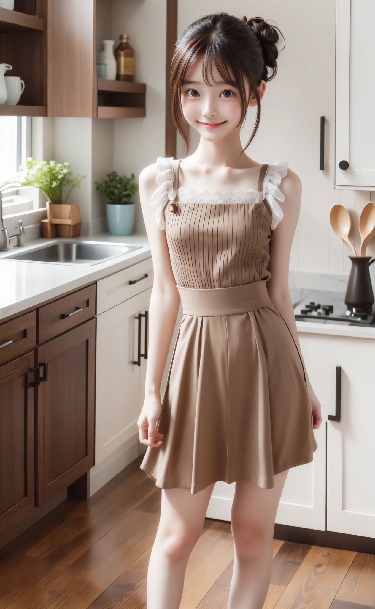 Maid,cute pretty girl,masterpiece,high definition,4k,8k,16k,chignon hair,brown hair,skinny,thin body,smile