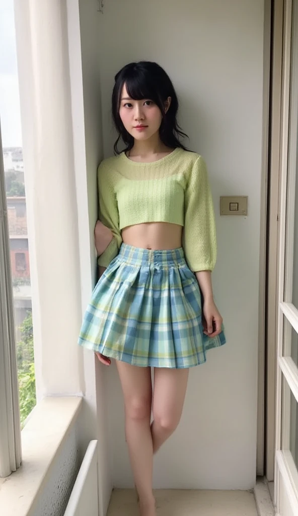 (1girl:1.3), Solo, _ Kim Ji-ni Jennie face, wearing a light green armband sweater, cropped style, white bandeau underneath, light green shorts, sexy, cute, white socks, background campus, full body photo, looking at the audience, world-weary face, cold eyes, Korean style photo photos, photographic lighting, strong contrast, sunlight on the face, world-weary face, high-end sense, 8k resolution image, intricate symmetrical details. Smooth action, full picture.