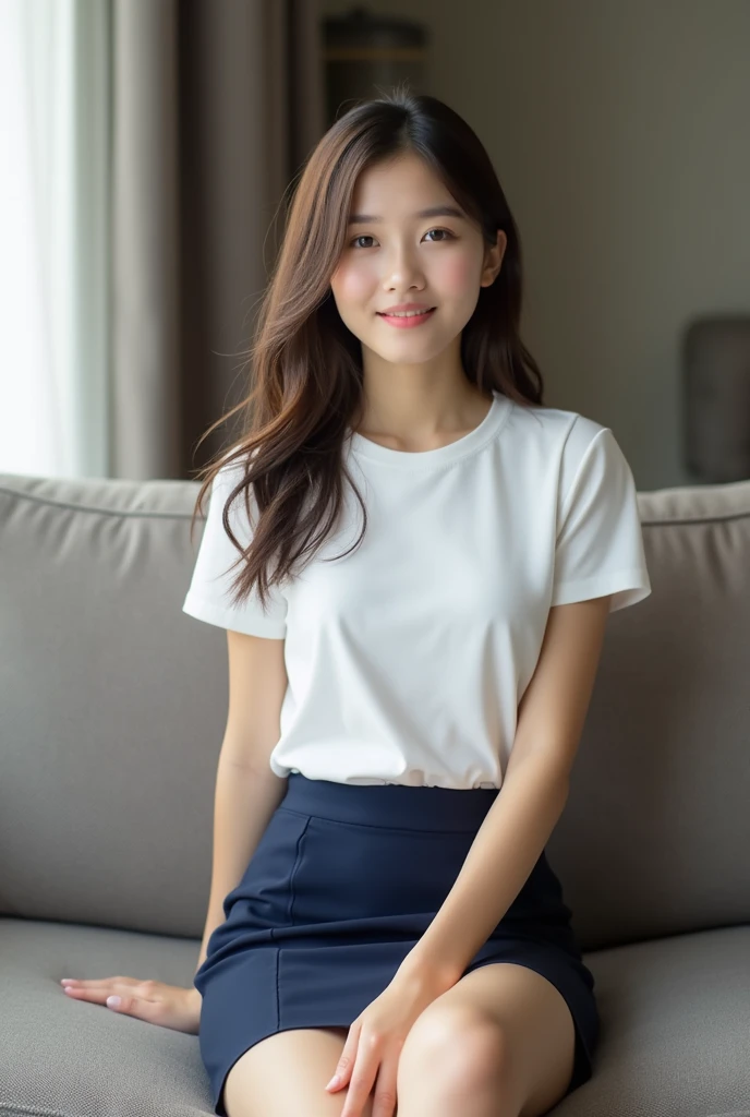 (top-quality:1.2)、With 8K images、A 30-year-old young woman、(I'm sitting on a sofa in a café.:1.2)、She combines cuteness and beauty、Have a beautiful detailed style、The beautiful detailed face has delicately drawn eyes and beautiful detailed double eyelids that shine charmingly、Her beautiful(Brown hair:1.2)、With a length that lightly touches the shoulder、Fluttering in the wind、 She(Wearing a t-shirt and skirt:1.2)、Sitting on the sofa、Hands are placed on the table、(I have my legs crossed:1.2)、Viewers look down at her from above、She smiles and looks at the viewer with kind eyes.、This moment is exactly(Masterpiece:1.2)、Worthy of being called、It's full of beauty and charm.、