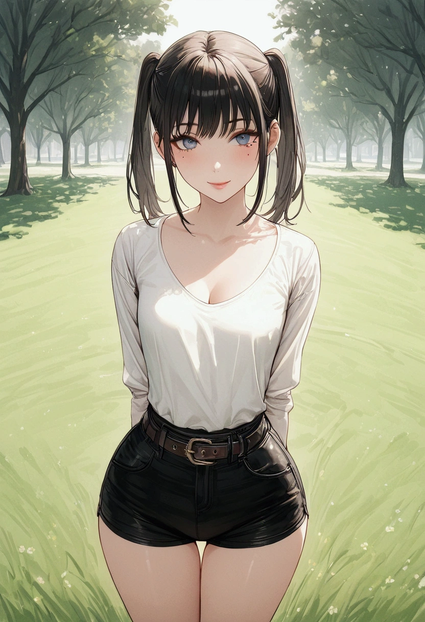 Girl. Short black straight hair with twintails. Blue eyes. Delicate features. Small breasts. Curvy waist. Lips curled into a slight smile. Wearing a white formal shirt with cleavage. Dark short shorts and black pantyhose. Belts on her thighs. A mole under her right eye. Background is a sunny park. 8k. Best quality.