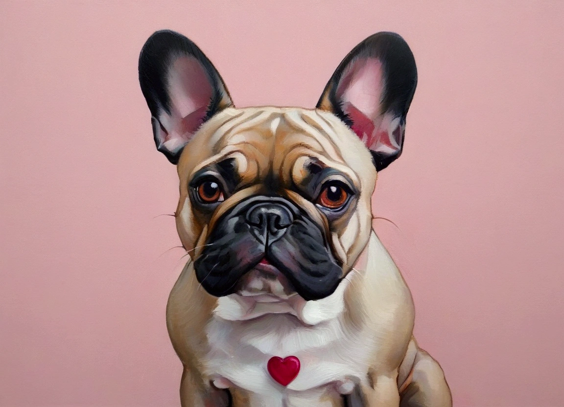 Oil paint a French Bulldog with its bat-like ears and wrinkled snout. Use soft, blended strokes to create a romantic, minimalist backdrop of pale pinks and reds, accented with small heart shapes for a Valentine’s feel. sweet candy color