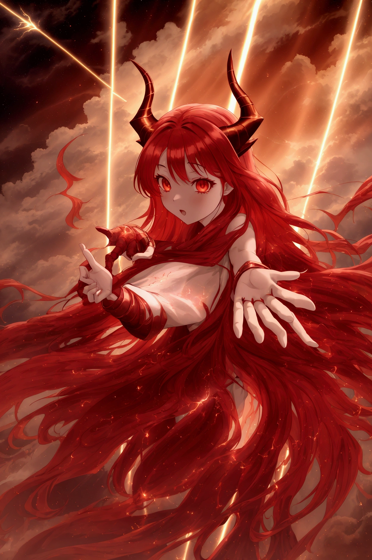 demon queen, red skin, horns, suggestive smile, white t-shirt, fiery pits of hell