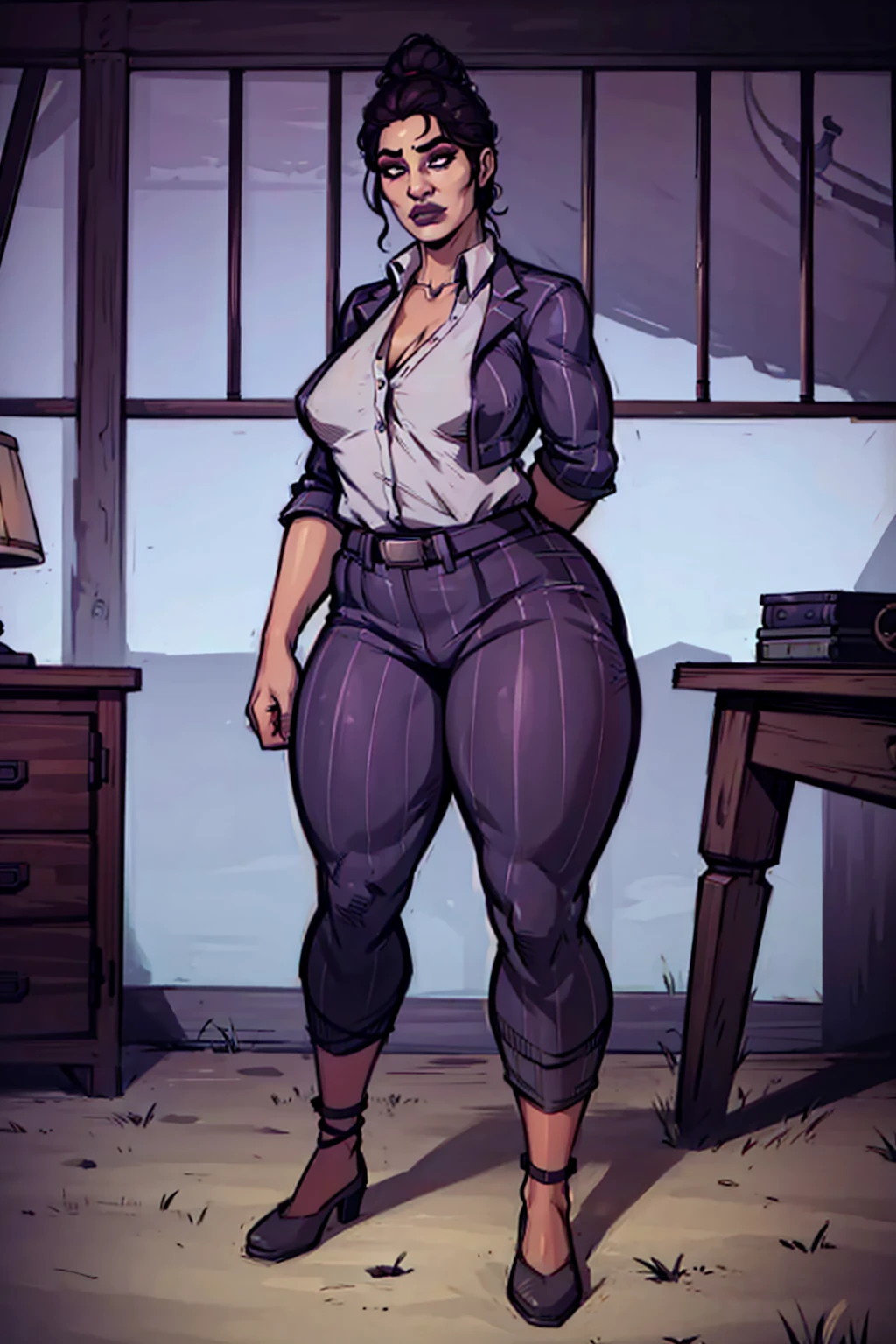 Digital art, highly detailed, angled view, sexy standing pose, legs spread apart, mature woman, adult female, plump curvy figure, whole body, form-fitting, Jane Romero (Dead by Daylight game) inspired costume, pinstriped blazer, blouse, belt, pinstriped baggy pants that ends above the ankle, belt, flat office heels, 1woman, solo, upper body, lower body, ((Extremely Detailed)), ((Best Quality)), ((Masterpiece)), ((4k)).
