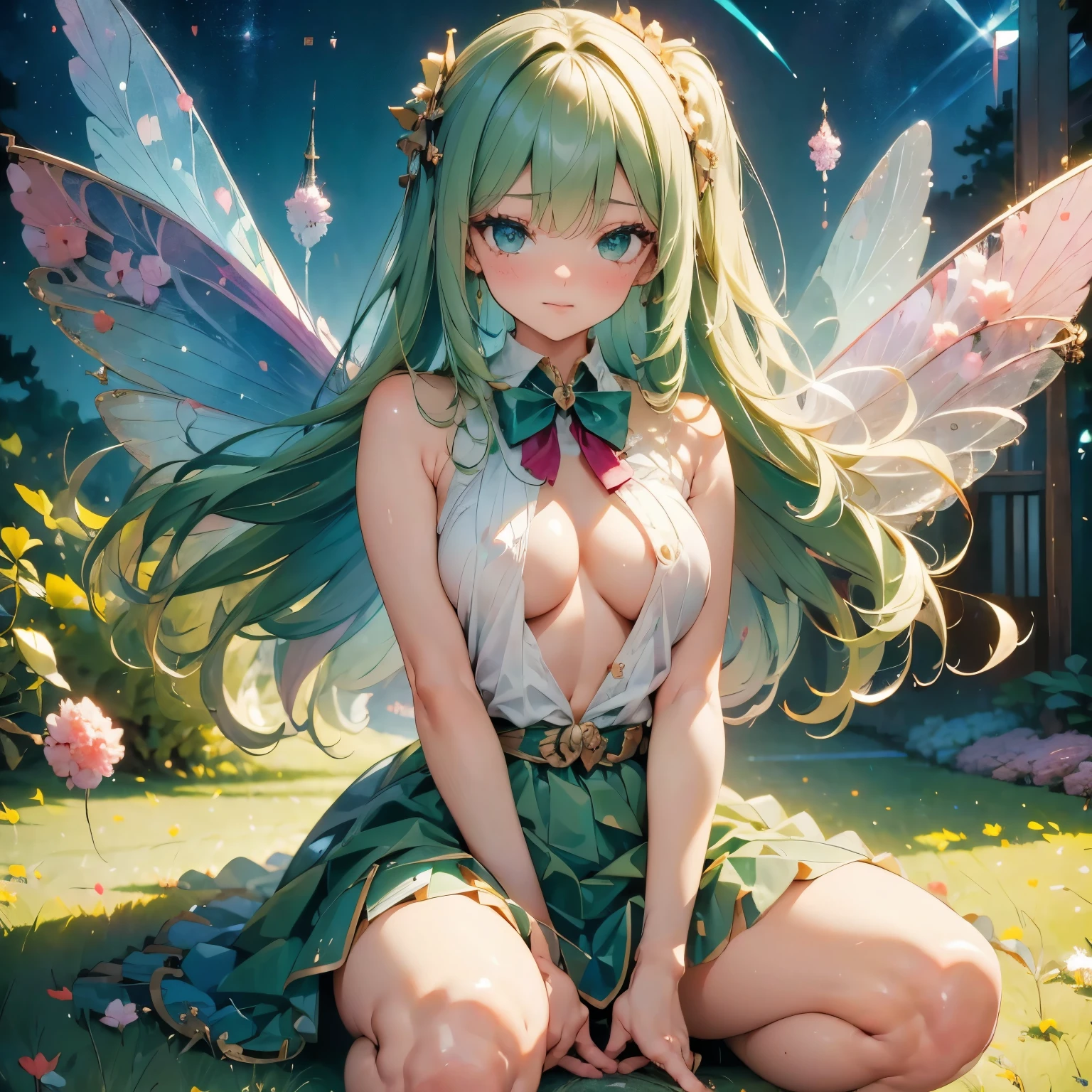 (masterpiece, best quality, ultra high resolution, super detailed:1.3), ,I'm urinating from my genitals , 1 cute fairy girl ,,I'm urinating from my genitals ,Ideal Body Ratio , Long green hair , lower body naked,I'm urinating from my genitals ,It's injecting pee vigorously, large holographic colored wings of swallowtail butterflies , camel toe , metallic luster light green fairy dress,Round eyes ,The background is a fantastic spectacular aurora shower , squatting with crotch open,Expanding the crotch, not wearing panties, lower body naked, I have green and transparent urine from my genitals , pees,,I'm urinating from my genitals ,Wearing a half-naked fairy dress , boobs visible from a bird's-eye view,
