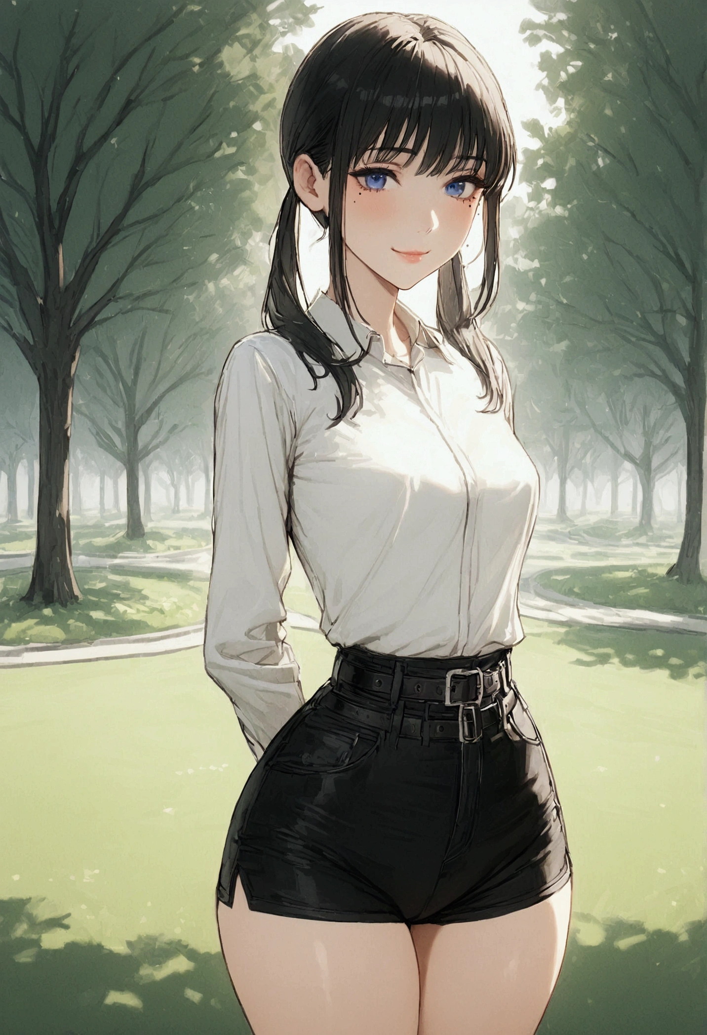 Girl. Short black straight hair with twintails. Blue eyes. Delicate features. Small breasts. Curvy waist. Lips curled into a slight smile. Wearing a white formal shirt. Dark short shorts and black pantyhose. Belts on her thighs. A mole under her right eye. Background is a sunny park. 8k. Best quality.