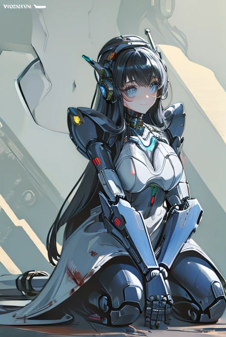 (masterpiece),(Highest quality),(Super detailed),(Best illustrations),(Best Shadow),(Absurd),(Detailed Background),(so beautiful), 16K, 8K, 4K,(Best Shadow),robotization,woman ,big bust,Robot Joint ,Metal skin,Black robot Suit,long hair,a black robot suit that covers the whole body,robot hand,cyber bodysuit,mecha head,(Detailed hands and fingers:1.2),Ball joint robot body,doll joint,beautiful face,beautiful robot girl,robotic eye,robotic hands,(no more human skin),android girl,cyborg girl,F cup, sexy body,(machine made joints:1.2),(machanical limbs:1.1),(blood vessels connected to tubes),(mechanical vertebra attaching to back),(mechanical cervial attaching to neck),no messy picture style,no emotion,tech control,black robot suit,maintenance,smile