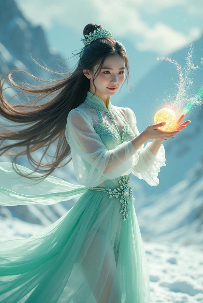 A beautiful woman with long flowing hair wielding an rainbow flaming ball, dancing in a snowy landscape, wearing a flowing transparent white cheongsam dress, adorned with emerald jewels, her confident smiling face surrounded by swirling clouds against a mountainous backdrop, (best quality,4k,8k,highres,masterpiece:1.2),ultra-detailed,(realistic,photorealistic,photo-realistic:1.37),extremely detailed eyes and face,longeyelashes,intricate ice sword,dramatic lighting,moody atmospheric,fantasy,cinematic,digital painting