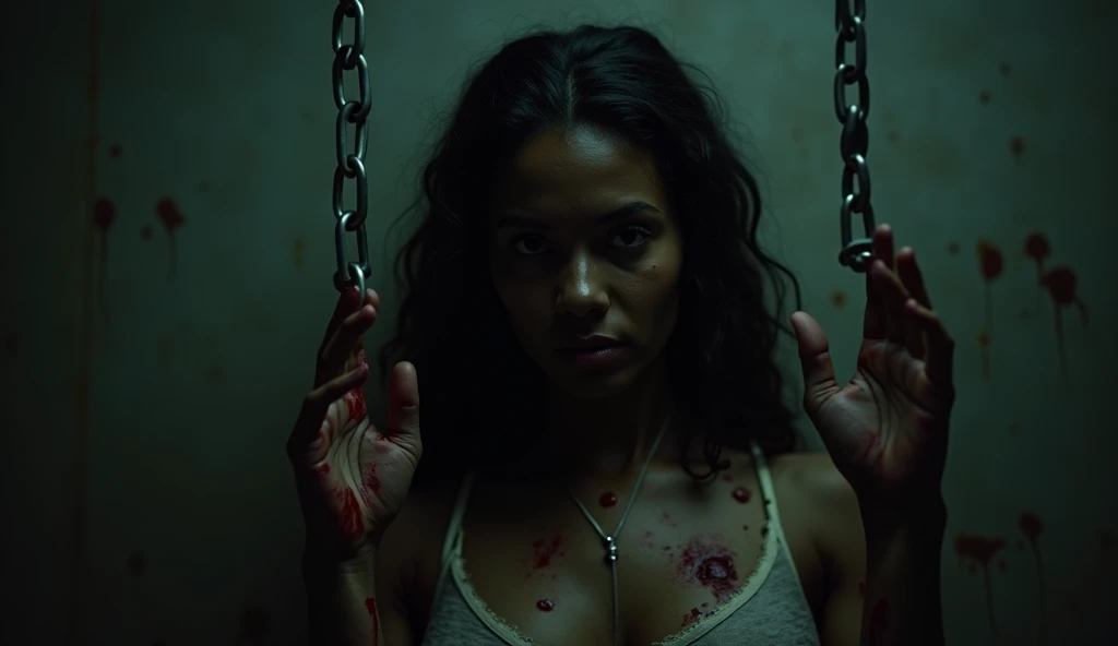 masterpiece, expressive eyes, jessica biel as teenage vampire girl, dark skin, ebony, topless, bloody face, bedroom, blood everywhere, blood on walls, blood on bed, blood on floor, bloody body, blood on body, crazy smile, bloody teeth