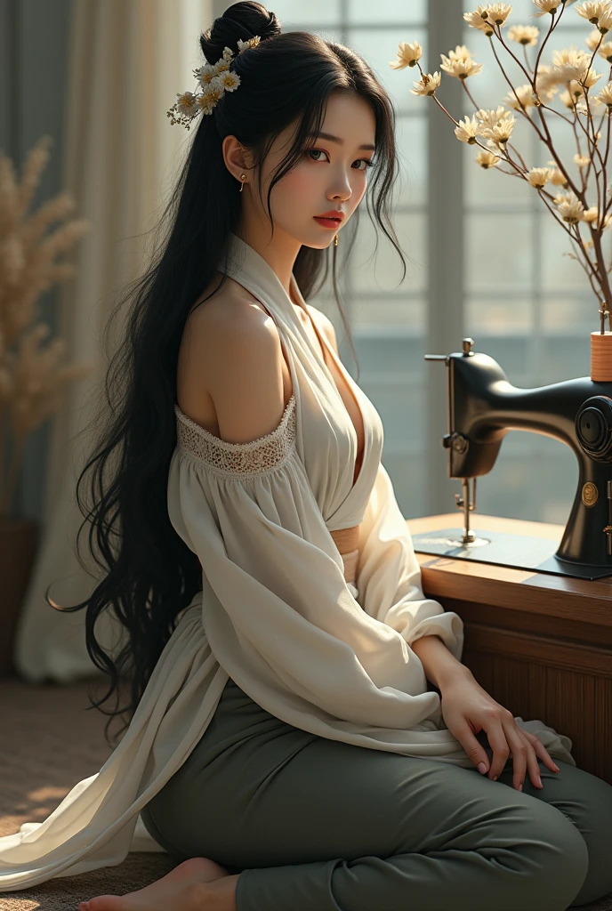 blonde woman, with long black hair and Chinese , sitting next to her a sewing machine , dressed in pans lila