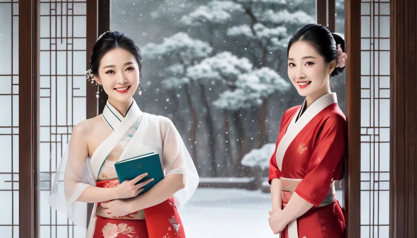 Make tea in a red stove，Meet in the snow，Meet friends。The two Hanfu women had joyful smiles on their faces
