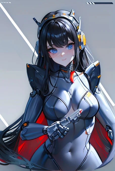 (masterpiece),(Highest quality),(Super detailed),(Best illustrations),(Best Shadow),(Absurd),(Detailed Background),(so beautiful), 16K, 8K, 4K,(Best Shadow),robotization,woman ,big bust,Robot Joint ,Metal skin,Black robot Suit,long hair,a black robot suit that covers the whole body,robot hand,cyber bodysuit,mecha head,(Detailed hands and fingers:1.2),Ball joint robot body,doll joint,beautiful face,beautiful robot girl,robotic eye,robotic hands,(no more human skin),android girl,cyborg girl,F cup, sexy body,(machine made joints:1.2),(machanical limbs:1.1),(blood vessels connected to tubes),(mechanical vertebra attaching to back),(mechanical cervial attaching to neck),no messy picture style,no emotion,tech control,black robot suit,maintenance,smile