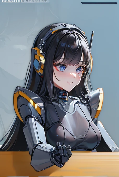 (masterpiece),(Highest quality),(Super detailed),(Best illustrations),(Best Shadow),(Absurd),(Detailed Background),(so beautiful), 16K, 8K, 4K,(Best Shadow),robotization,woman ,big bust,Robot Joint ,Metal skin,Black robot Suit,long hair,a black robot suit that covers the whole body,robot hand,cyber bodysuit,mecha head,(Detailed hands and fingers:1.2),Ball joint robot body,doll joint,beautiful face,beautiful robot girl,robotic eye,robotic hands,(no more human skin),android girl,cyborg girl,F cup, sexy body,(machine made joints:1.2),(machanical limbs:1.1),(blood vessels connected to tubes),(mechanical vertebra attaching to back),(mechanical cervial attaching to neck),no messy picture style,no emotion,tech control,black robot suit,maintenance,smile