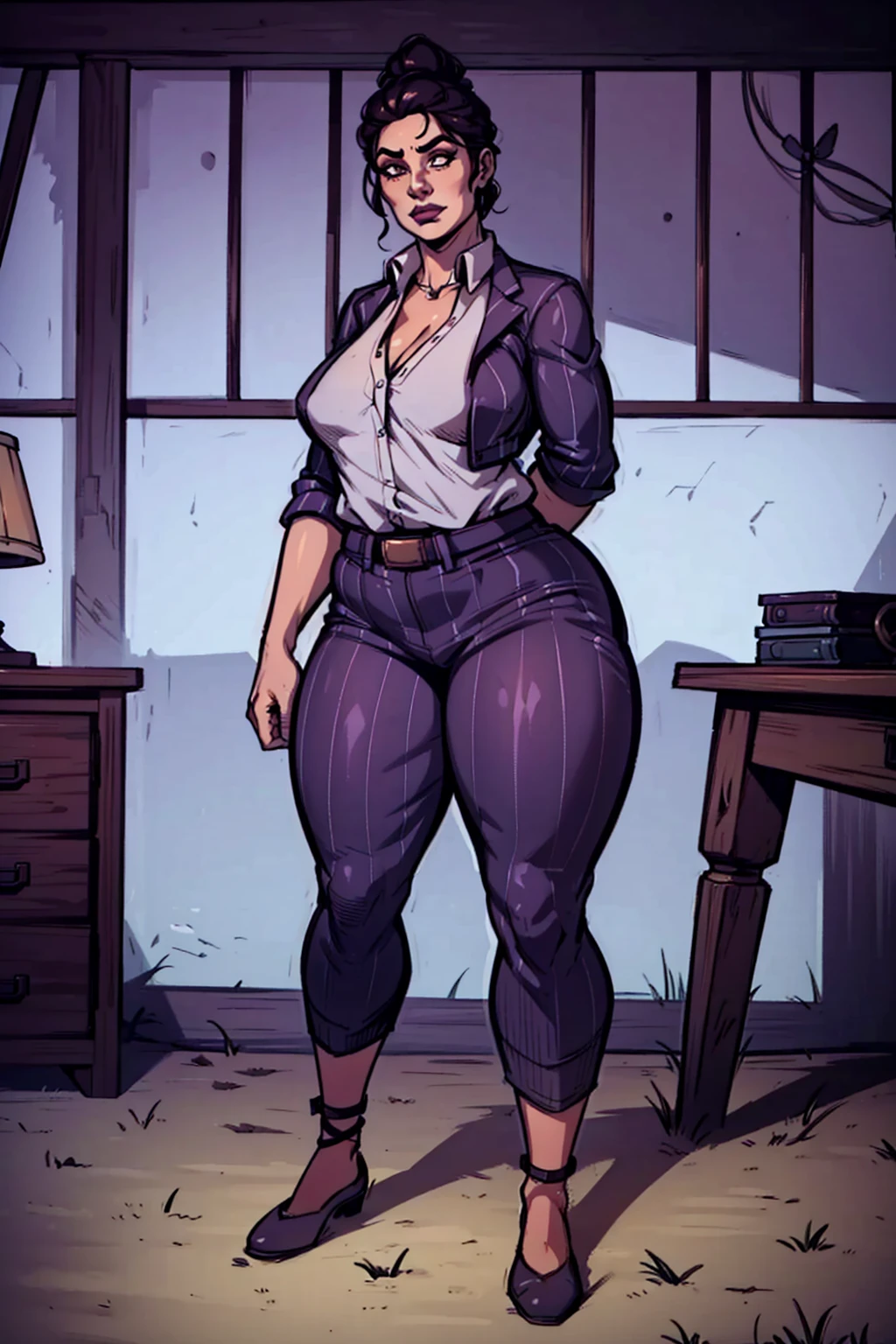 Digital art, highly detailed, angled view, sexy standing pose, legs spread apart, mature woman, adult female, plump curvy figure, whole body, form-fitting, Jane Romero (Dead by Daylight game) inspired costume, pinstriped blazer, blouse, belt, pinstriped baggy pants that ends above the ankle, belt, flat office heels, 1woman, solo, upper body, lower body, ((Extremely Detailed)), ((Best Quality)), ((Masterpiece)), ((4k)).
