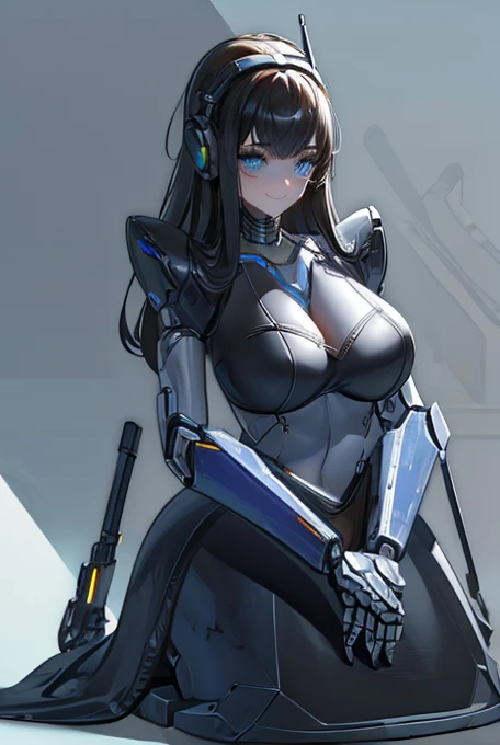 (masterpiece),(Highest quality),(Super detailed),(Best illustrations),(Best Shadow),(Absurd),(Detailed Background),(so beautiful), 16K, 8K, 4K,(Best Shadow),robotization,woman ,big bust,Robot Joint ,Metal skin,Black robot Suit,long hair,a black robot suit that covers the whole body,robot hand,cyber bodysuit,mecha head,(Detailed hands and fingers:1.2),Ball joint robot body,doll joint,beautiful face,beautiful robot girl,robotic eye,robotic hands,(no more human skin),android girl,cyborg girl,F cup, sexy body,(machine made joints:1.2),(machanical limbs:1.1),(blood vessels connected to tubes),(mechanical vertebra attaching to back),(mechanical cervial attaching to neck),no messy picture style,no emotion,tech control,black robot suit,maintenance,smile