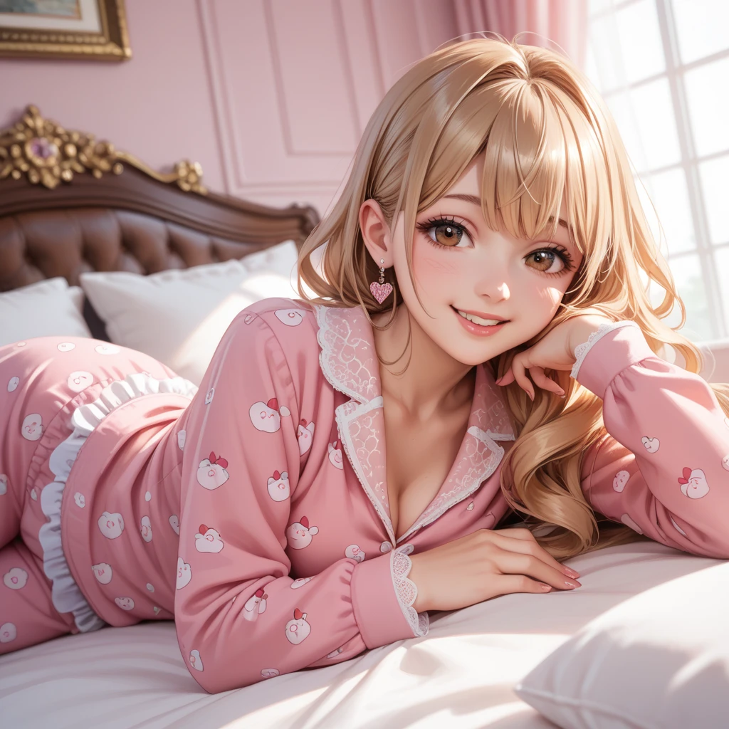 (best quality, masterpiece:1.3), 1girl, curly hair, wavy hair, on bed, pajamas, happy, smile, blush, pose, sun, looking at viewer,
