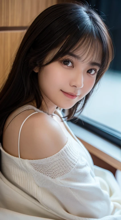 masterpiece,best quality,(Japanese girl),((Beautiful girl)),cleavage,(off shoulder:1.2),(perfect body beauty:1.2),(shy smile),