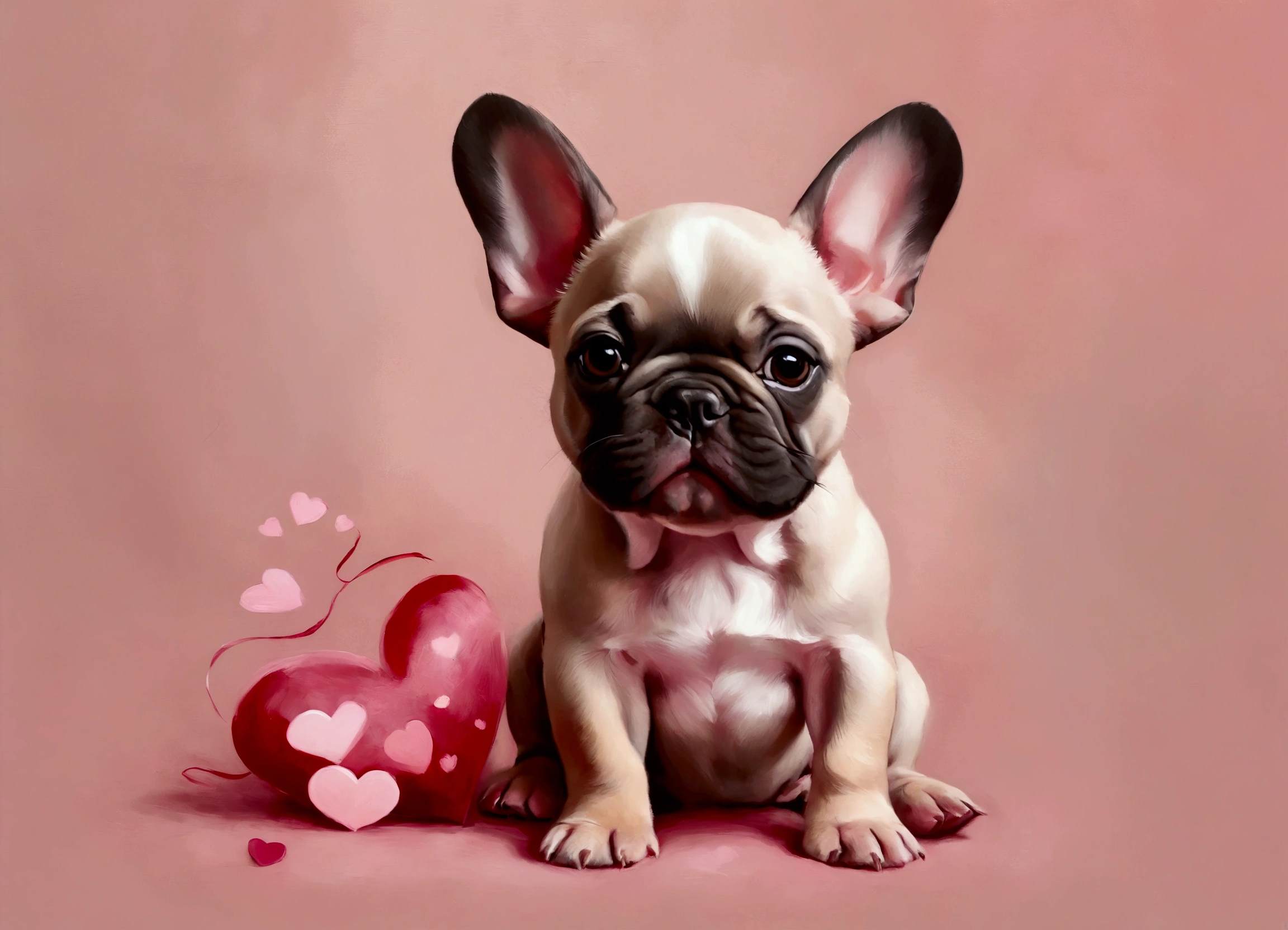 Oil paint a cutie baby French Bulldog with its bat-like ears and wrinkled snout. Use soft, blended strokes to create a romantic, minimalist backdrop of pale pinks and reds, accented with small heart shapes for a Valentine’s feel.