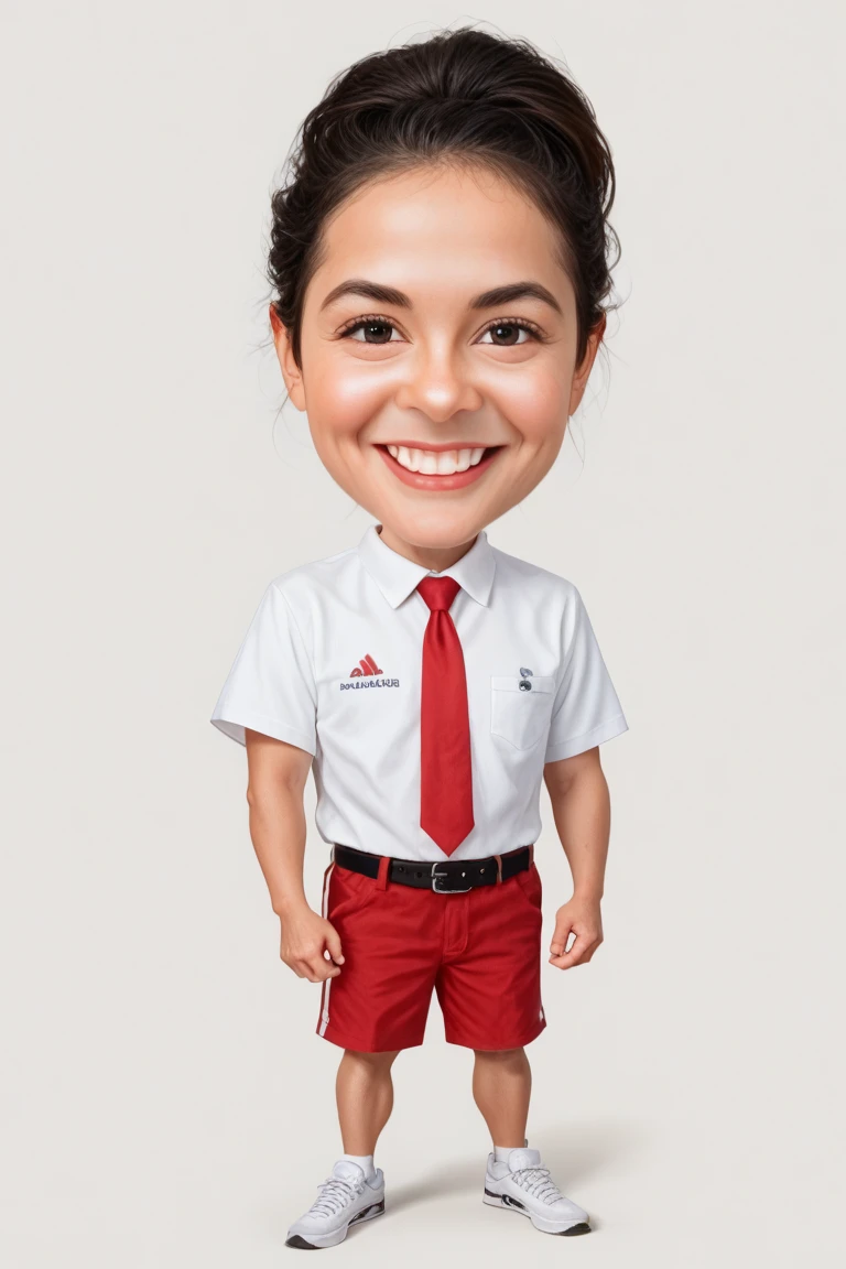 (realistic:1.4),an indonesian  wearing a white shirt tucked into red shorts, black neat short hair, wearing a red tie, black belt, sneakers, white short-sleeved shirt, full body, high detail, simple white background, big head   caricature style, smile closed mouth