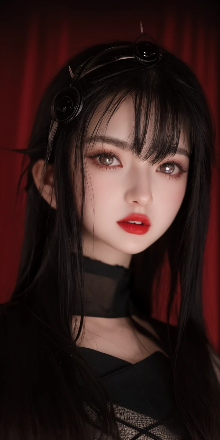 curvy woman with long black hair and a red dress posing on a staircase, the hime cut, very full breasts, Beautiful Delfina, shikamimi, Sui Ishida com cabelo preto, Sakimi-chan, anime girl in real life, bountiful breasts, 1 7 Year Old Goth Anime Girl, Yoshitomo Nara, faca skydoll