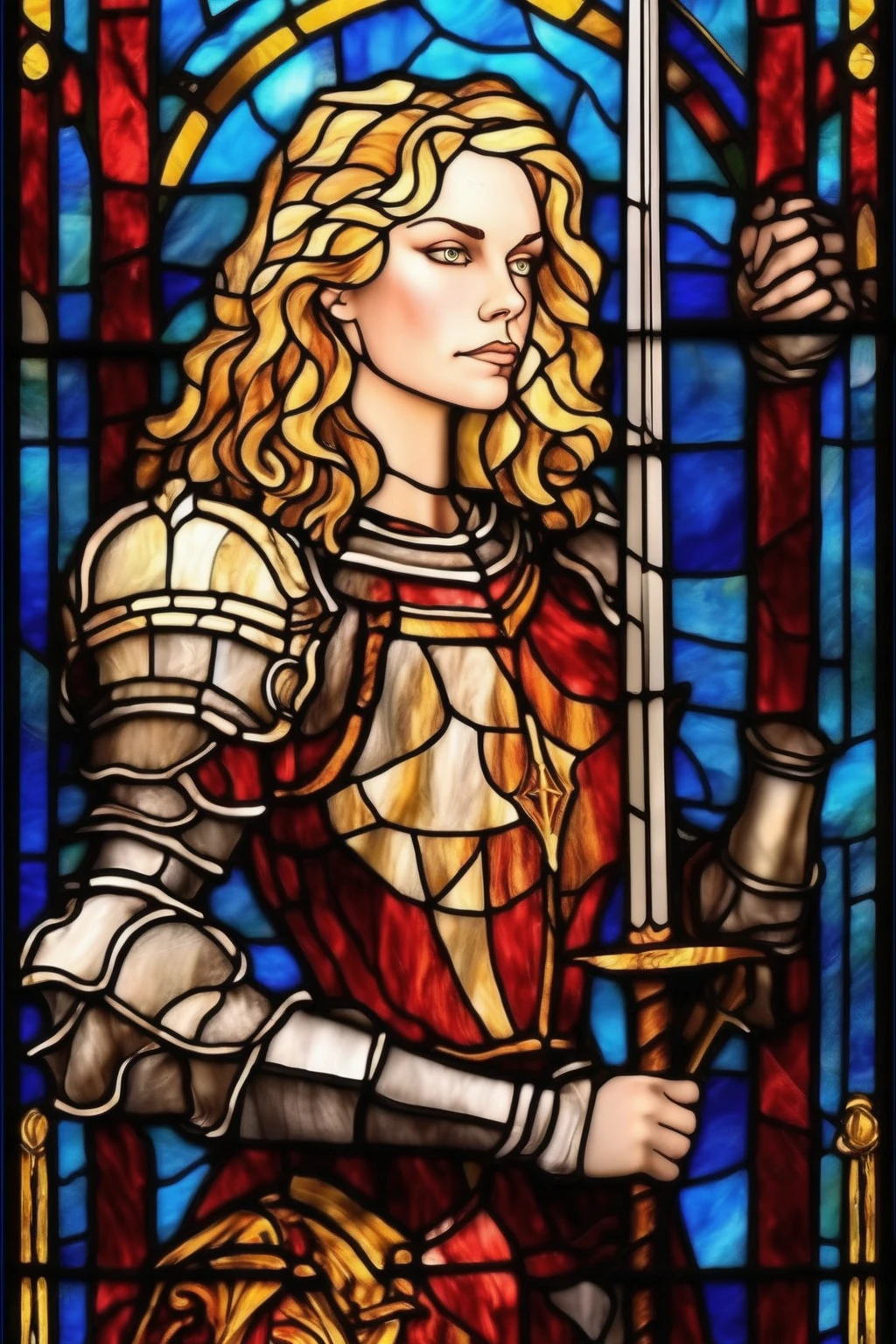 Stained Glass Portrait - blonde wavy haired lady knight tall and striking appearance strong jawline holding sword stained glass