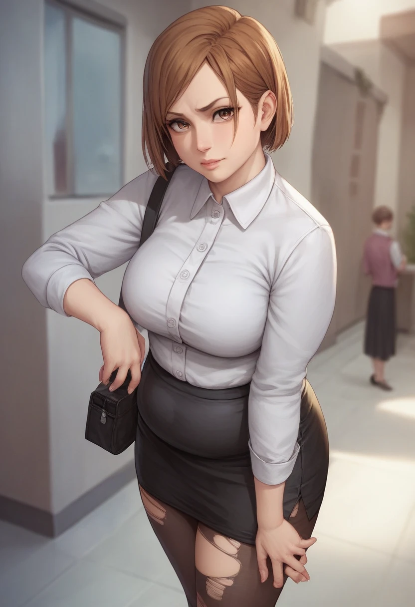 masterpiece,best quality,best details,1 girl,short hair,brown hair,brown eyes,precise fingers,five fingers,tight dress shirt,skirt,torn long black tights,ripped tights,long sleeve,chubby,Kugisaki Nobara,anime,