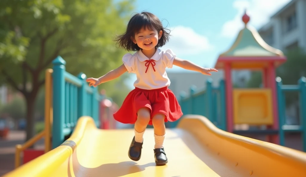 masterpiece, extra limbs, 1girl,8years old, black straight hair, tareme brown  eyes, (((delighted))), white sundress,spread arms,standing, playground equipment,high angle