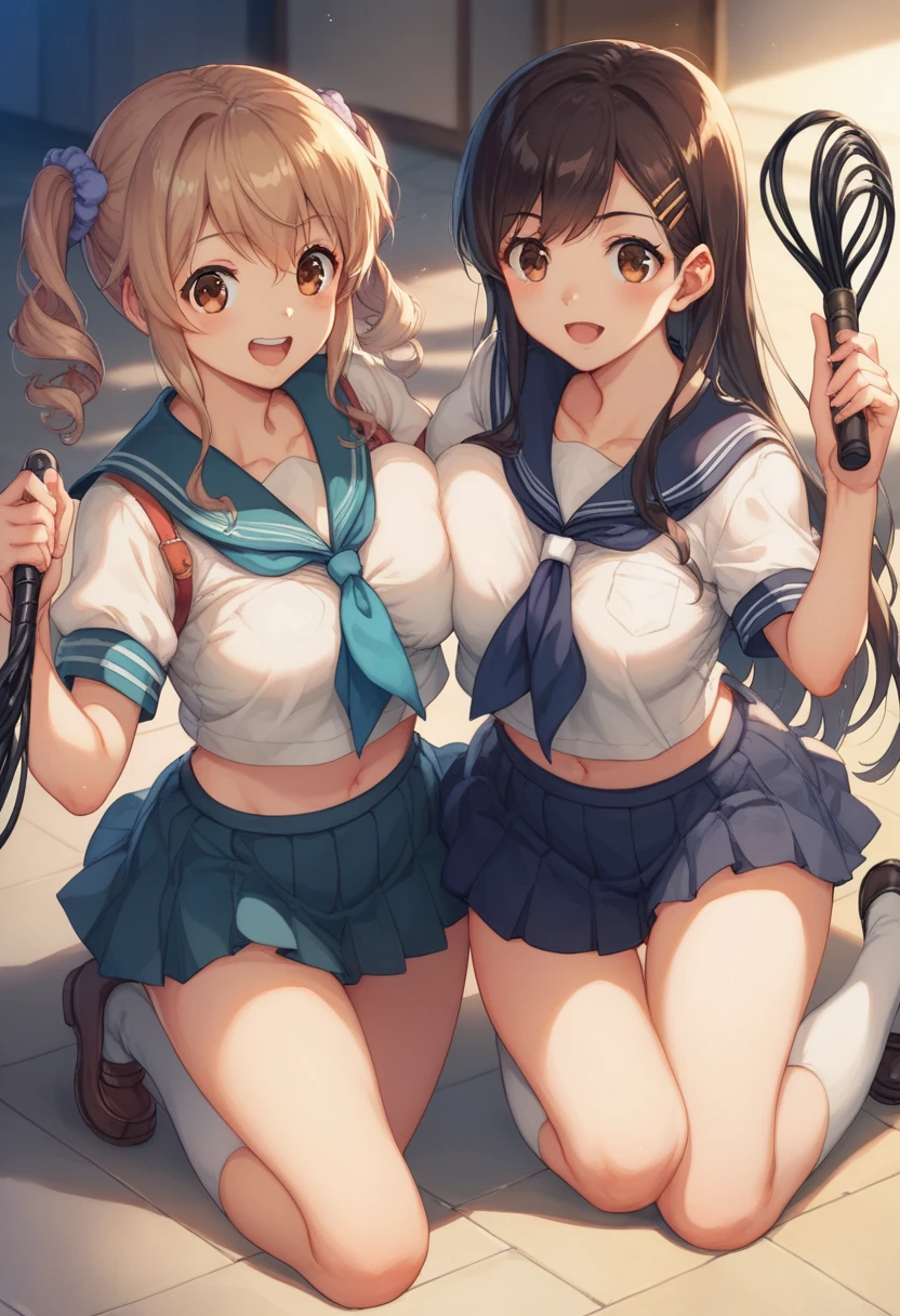 The background is a dark basement made of bricks 、Two women in their 20s with big breasts 、 Brown Eyes  、Yakumo Beni,  let them wear school uniforms or sailor uniforms。,  holding a long whip in their hands ,  床に鞭を置け composition showing the floor from the ceiling 、cute anime style picture,   怒っている, 