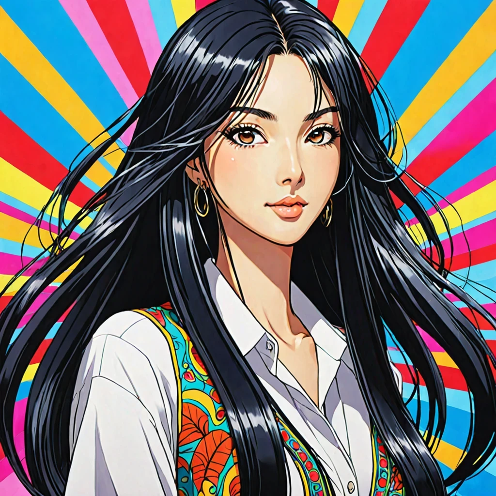 masterpiece, best quality, {best quality}, {{masterpiece}}, {highres}, focus, anime style, a closeup of a cartoon of a woman, girl design, portrait, giesha, anime image, long hair, black hair, straight eyes, hair covering ears, polished and powerful look, exotic, tall, freckles, cheerful, romantic clothing, colorful, colors