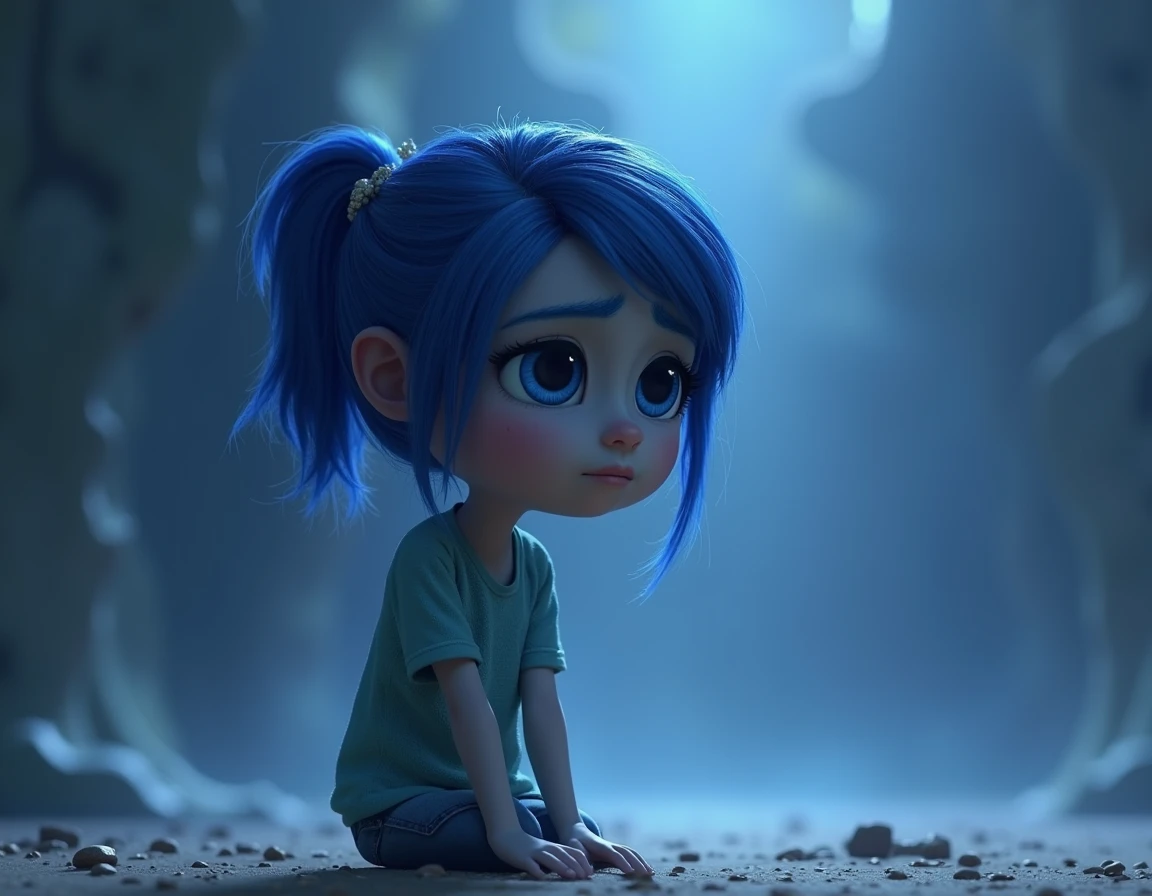 Generate a drawing that is the son of the characters Sadness and Embarrassment from the movie Inside Out 2