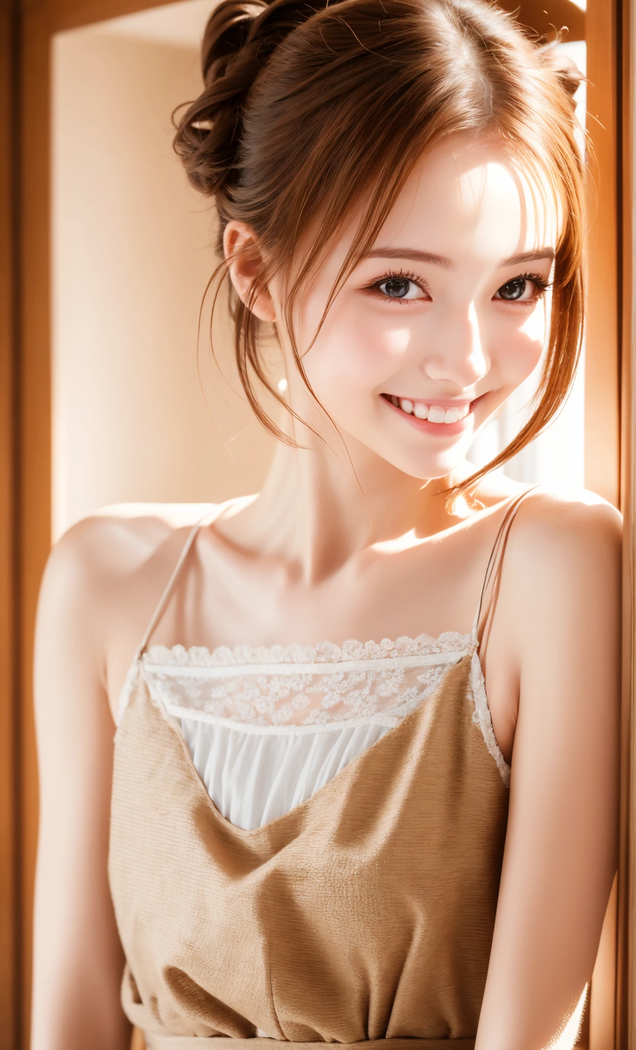 Maid,cute pretty girl,masterpiece,high definition,4k,8k,16k,chignon hair,brown hair,skinny,thin body,smile