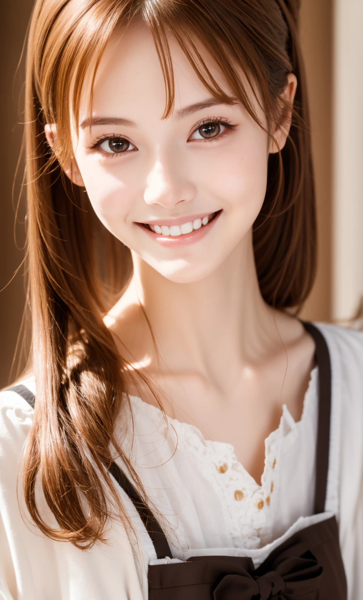 Maid,cute pretty girl,masterpiece,high definition,4k,8k,16k,chignon hair,brown hair,skinny,thin body,smile