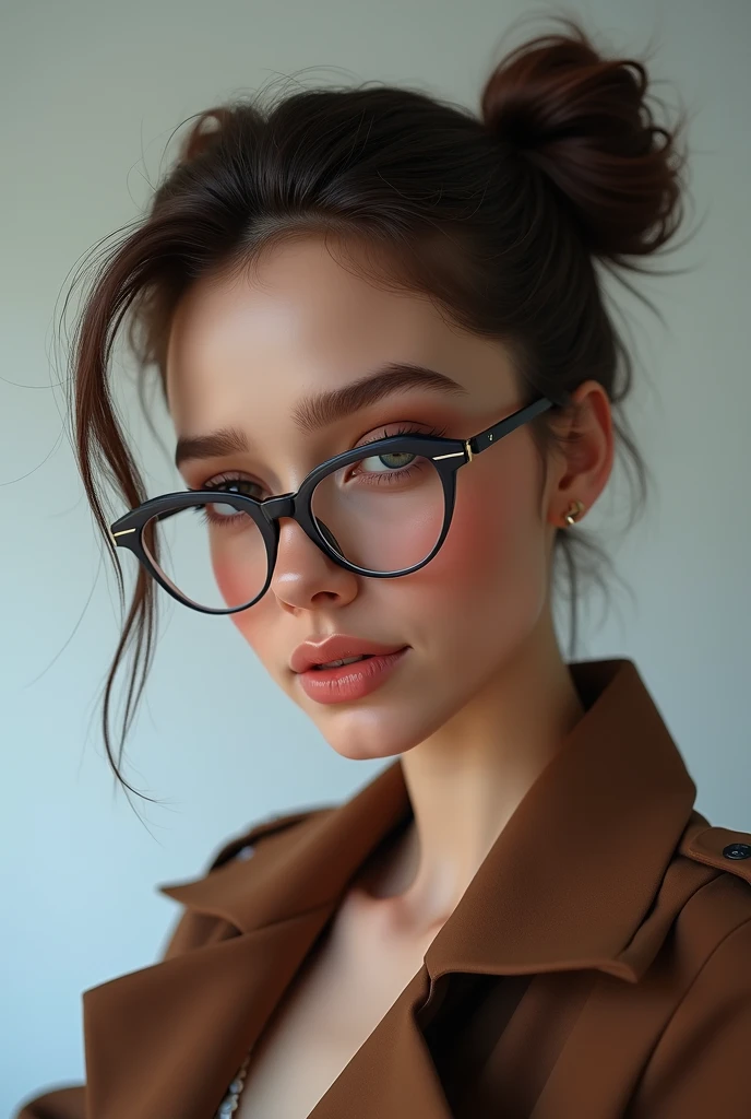 there is a woman with glasses and a brown top is looking at her cell phone, girl with glasses, girl wearing round glasses, portrait sophie mudd, with glasses, wearing glasses, eyeglasses, thick glasses, spectacled, glasses, with glasses on, nerdy glasses, wearing eyeglasses, wearing round glasses, attractive girl, anna nikonova aka newmilky, masterpiece, 8k, cleavage, big boobs, bust detail, hair detail, eye detail