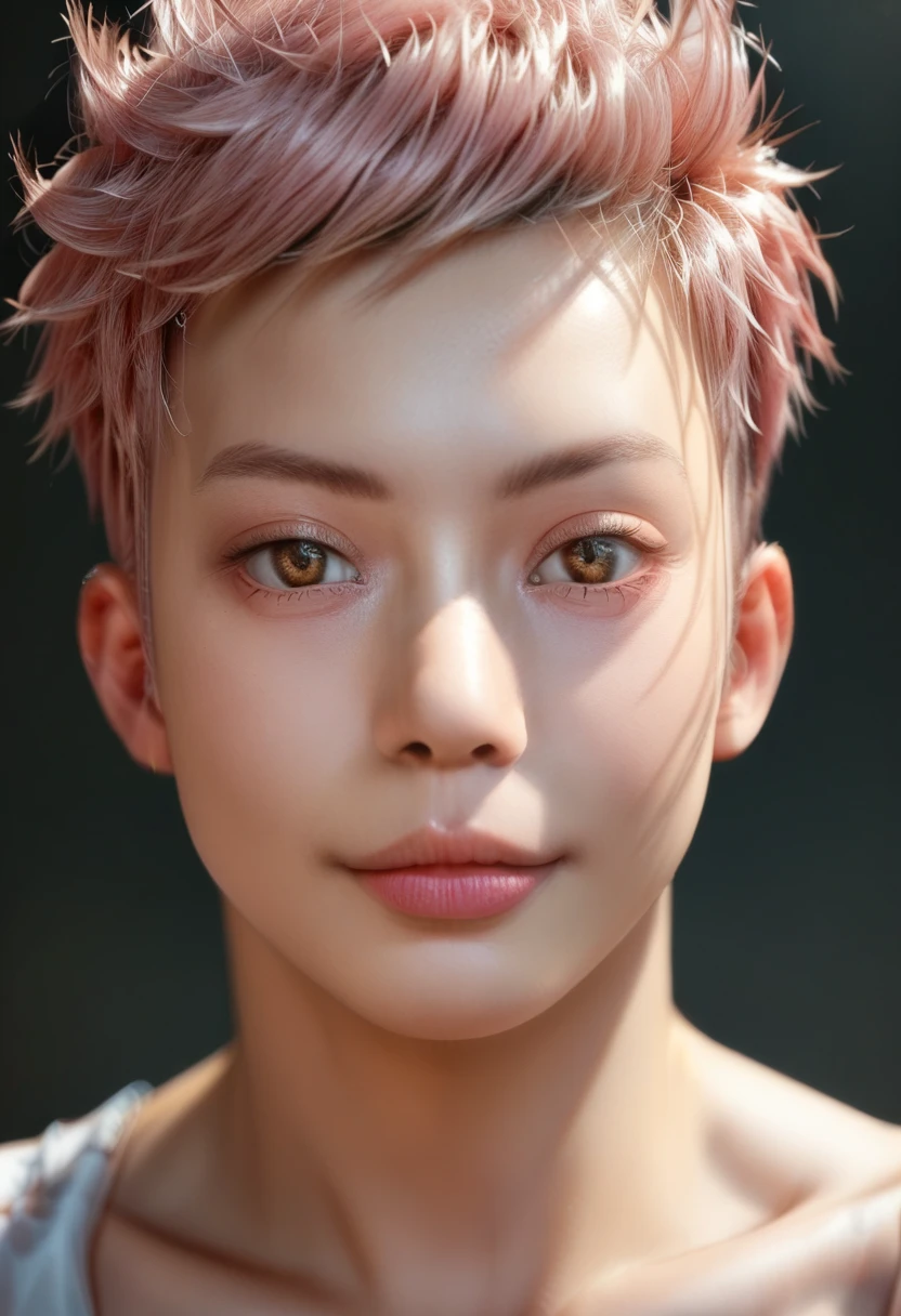 1boy, smiling, yuuji_itadori, light pink hair, brown eyes, short hair, undercut, spiked hair, teenager, smirk, closed lips, small nose, sharp eyes, squinting eyes, japanese, animetoreal, perfect eyes
