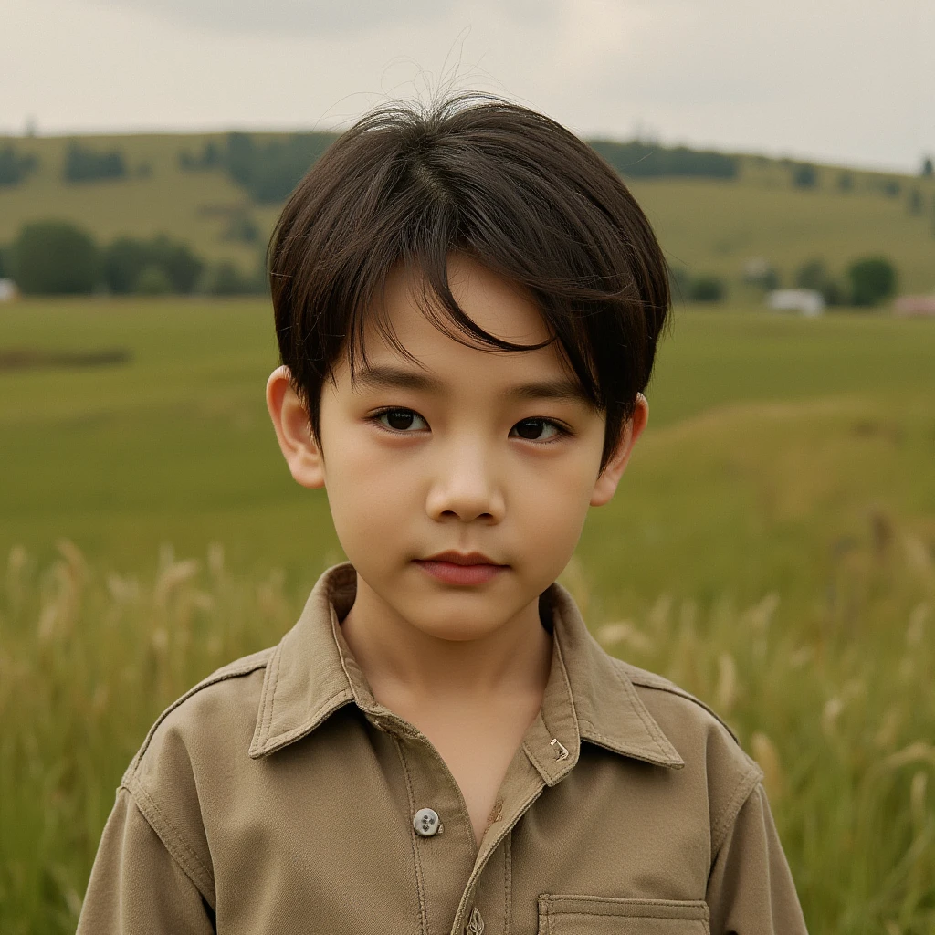 a pastoral boy, detailed portrait, beautiful detailed eyes, beautiful detailed lips, extremely detailed face, long eyelashes, fine art portrait, intricate details, soft lighting, warm tones, natural setting, rolling hills, lush greenery, detailed landscape, classical art style, cinematic composition, masterpiece, best quality, 8k, high resolution, hyper detailed, photorealistic