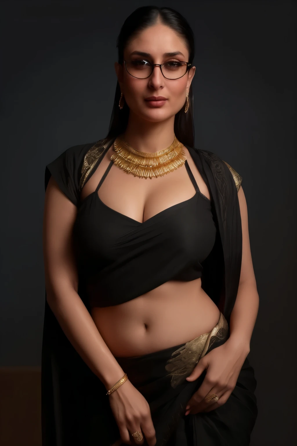 kareena kapoor, mature milf, massive , cleavage, indian mature sexy boss,  massive , boob show, kareena kapoor, indian mature milf, mature woman, frackled skin, mature, (((top down shot:1.40, looking up at the camera pose, hands in the hair, seductive, wet body, wet hair, wearing red indian saree blouse with gold quilting work))), dark lit studio lights, studio setting, shooting adult scene, long straight hair, High Resolution, Masterpiece, Super Detailed, Textured Skin, High Quality, wearing shiny blue pushup bra, (((Anatomically Correct, Anatomically Correct))) (((SFW SFW SFW))), low light, ((((wearing black glasses))))