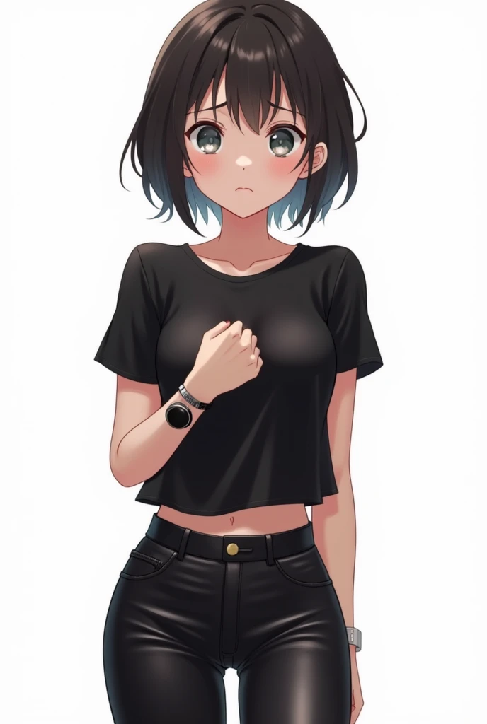 uma mulher de 20 anos、Cabelo preto azul、rabo de cavalo、(fade alto:1.3)、tema escuro、tons silenciados、Cor suave、altamente contraste、(texturas naturais da pele、hiper-realismo、luz suave、Afiado)、inventar, mascara, Lips are smooth or colored, fundo preto simples, minimalismoo, monotonous, paletas de cores simples, limpar, Afiado designs, silhuetas fluidas, skirts and tight pants, high-waisted skirts and pants, vestidos simples, camisas e blusas, asymmetric, geometric, Materiais e designs elegantes e luxuosos, simples, minimal accessories, Fine silver or gold necklaces and rings, simples bangles, Designs diferenciados, silhuetas simples, estilo simples e sofisticado, elegance, minimalismo, materiais de alta qualidade, cool and urban print, alta moda, Simplicity and sophistication,