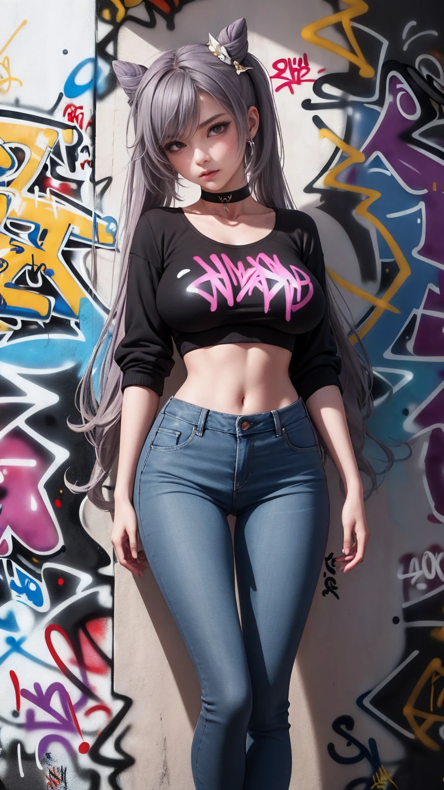 Sankonomiya|Kokomi Genshin Effects, master-piece, bestquality, 1girls,20 age, Double tail hairstyle, proportional body, Long Jeans, oversized breasts, ,bara, (Graffiti:1.5), Splash with purple lightning pattern., arm behind back, against wall, View viewers from the front., Head tilt,