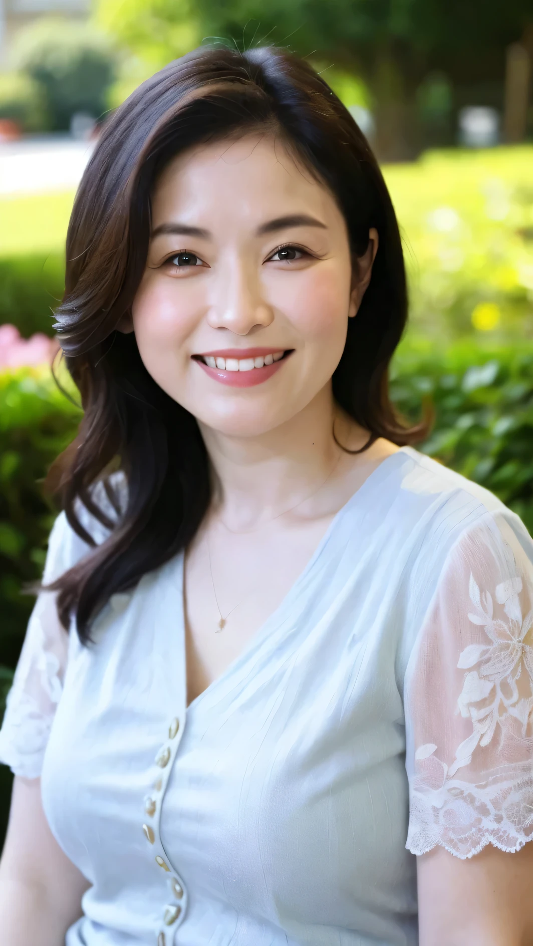 最 High Quality , In 8K, Masseter region, Genuine, sharp concentration, High Quality , high definition , detailed face , Detail Eyes, Thick lips, background blur, Alone, Middle-aged woman, , 5, , wavy hair, clevis, is wearing a plain short sleeve knit, Afternoon in front of the park garden, Wrinkles around the eyes, is on all fours 、 is teething and laughing 、