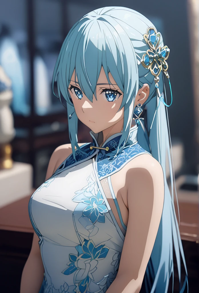 (  ultra high resolution,   best quality),  accurately drawn body  、 Asada Shino、Alone,   light blue half-length ponytail 、  blue eyes、Sparkling Eyes、  Crystal Earrings  、  glittering and luxurious hair ornaments  、  simple background, (  Blurry Background ),     fits perfectly  、  sexy China dress that has done a clever pattern 、( white Chinese dress with thin fabric )、  emphasizes my body line  、Beautiful embroidery 、  small breasts、