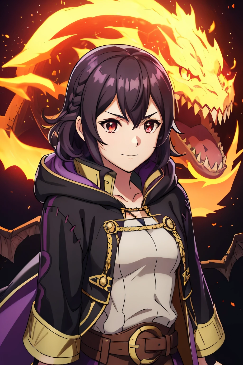 (high-quality, breathtaking),(expressive eyes, perfect face) 1girl, female, solo, portrait, Fire Emblem Awakening, Symmetrical Eyes, ominous darkness background, Robin (Fire Emblem: Awakening), dark Brown hair color, short hair length, messy wavy hair, hair ornament, upper body, red eyes, Black and purple robe, gold trim, hood, white shirt, brown belt, tomb, evil expression, evil smile, detailed eyes, adorable face, short height, Cult of Grima, Fell Dragon Grima, Arms down, female robin (fire emblem), dark brown hair, braided bang, ribbon in hair, purple flames, Grima Robin
