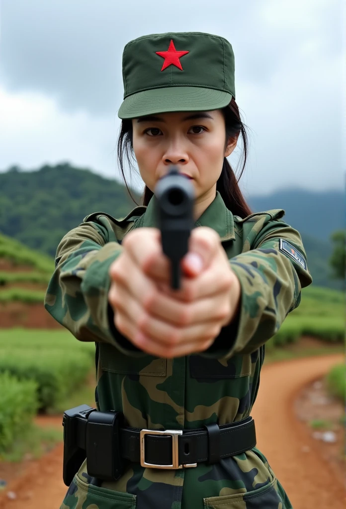 ctai, She named Thucoi,Young women,a young woman in a military camouflage uniform, with a peaked cap featuring a red star emblem. She is holding a pistol in both hands, aiming it directly at the camera. The background appears to be an outdoor, rural setting, with rolling hills and a cloudy sky visible. The woman has a serious, focused expression on her face, conveying a sense of discipline and training. The overall impression is one of a capable, armed military or law enforcement personnel in a combat-ready stance.